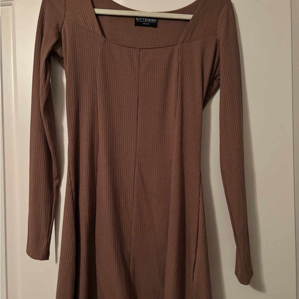 Kittenish Long Sleeve Brown Ribbed Dress